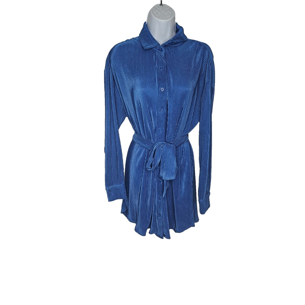 Forever 21 Sapphire Blue Pleated Shirt Dress Belted‎ Long Sleeve Size Small NWT